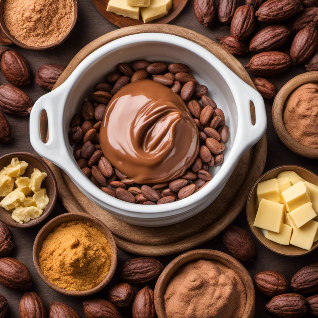 An image showcasing the step-by-step process of making cocoa butter: a cocoa pod being harvested, roasted beans being ground, melted butter being strained, and finally, a creamy cocoa butter being poured into a container