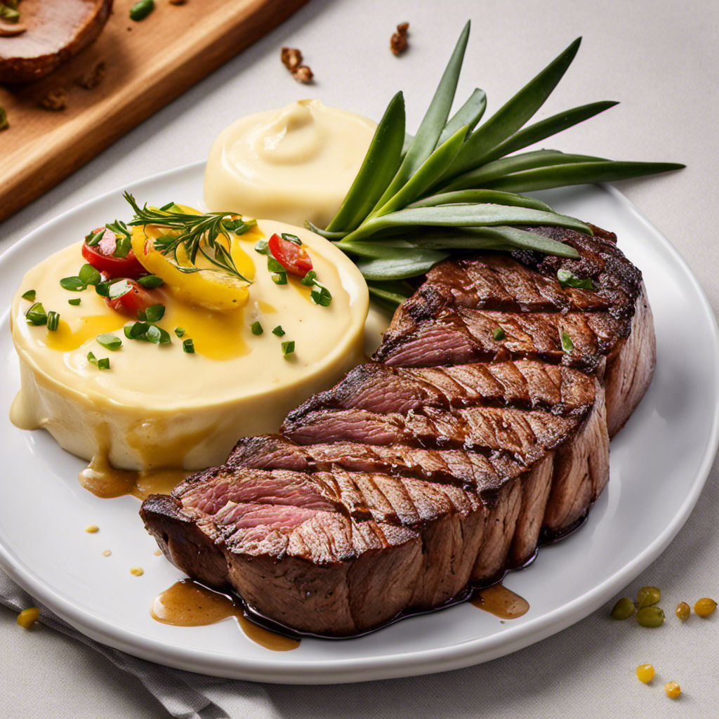 An image showcasing a close-up of a succulent grilled steak, glistening with a rich and creamy compound butter, melted and dripping, swirling around the perfectly seared meat, ready to tantalize your taste buds