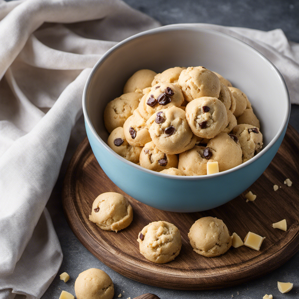An image featuring a close-up view of a mixing bowl filled with smooth, creamy cookie dough, made without butter