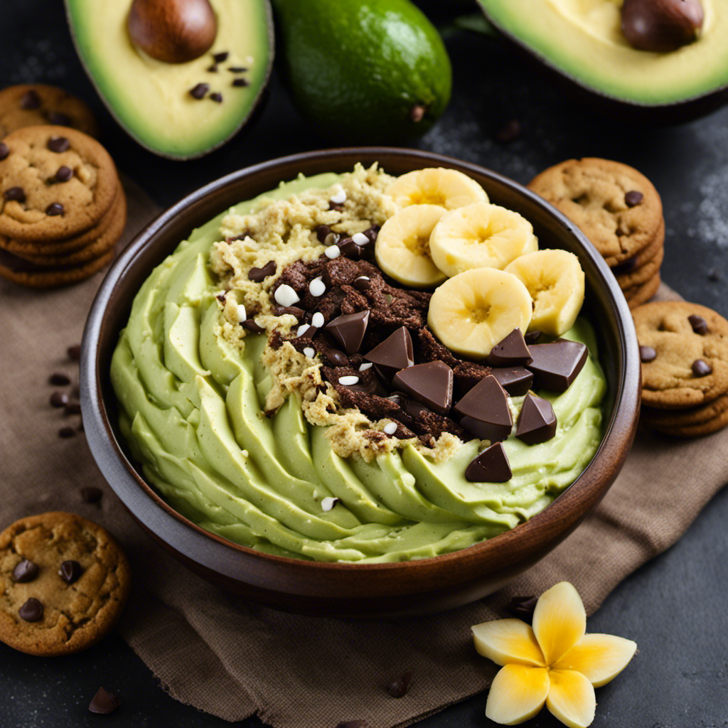 An image showcasing a bowl filled with creamy avocado, mashed bananas, and melted coconut oil, surrounded by a variety of cookie ingredients like flour, sugar, and chocolate chips