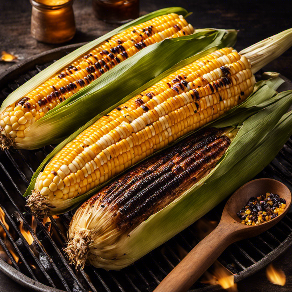 An image showcasing a golden ear of corn being effortlessly grilled on a barbecue, its charred kernels glistening with melted butter, while a rustic wooden spoon gently glides over the succulent cob