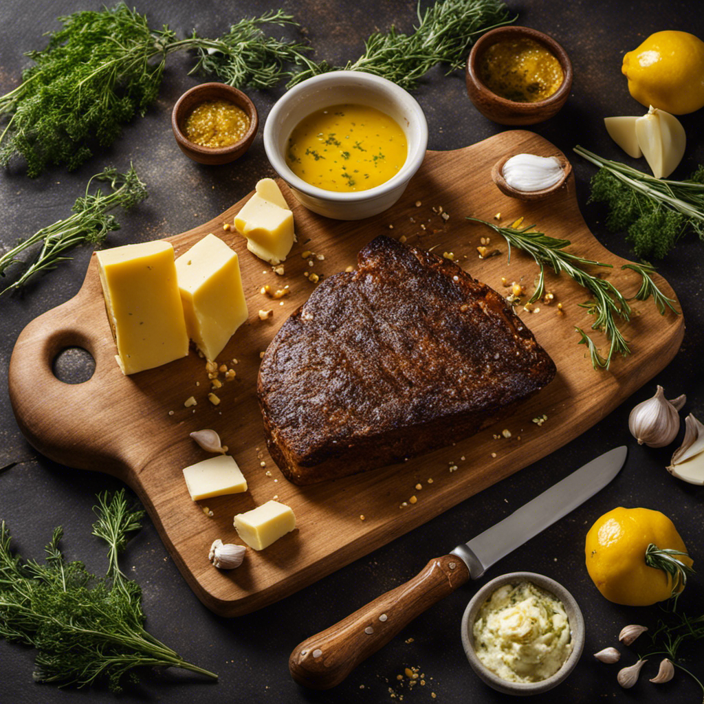 An image showcasing a rustic wooden cutting board adorned with a golden dollop of melted cowboy butter, surrounded by vibrant fresh herbs, garlic cloves, and a pat of butter on a knife
