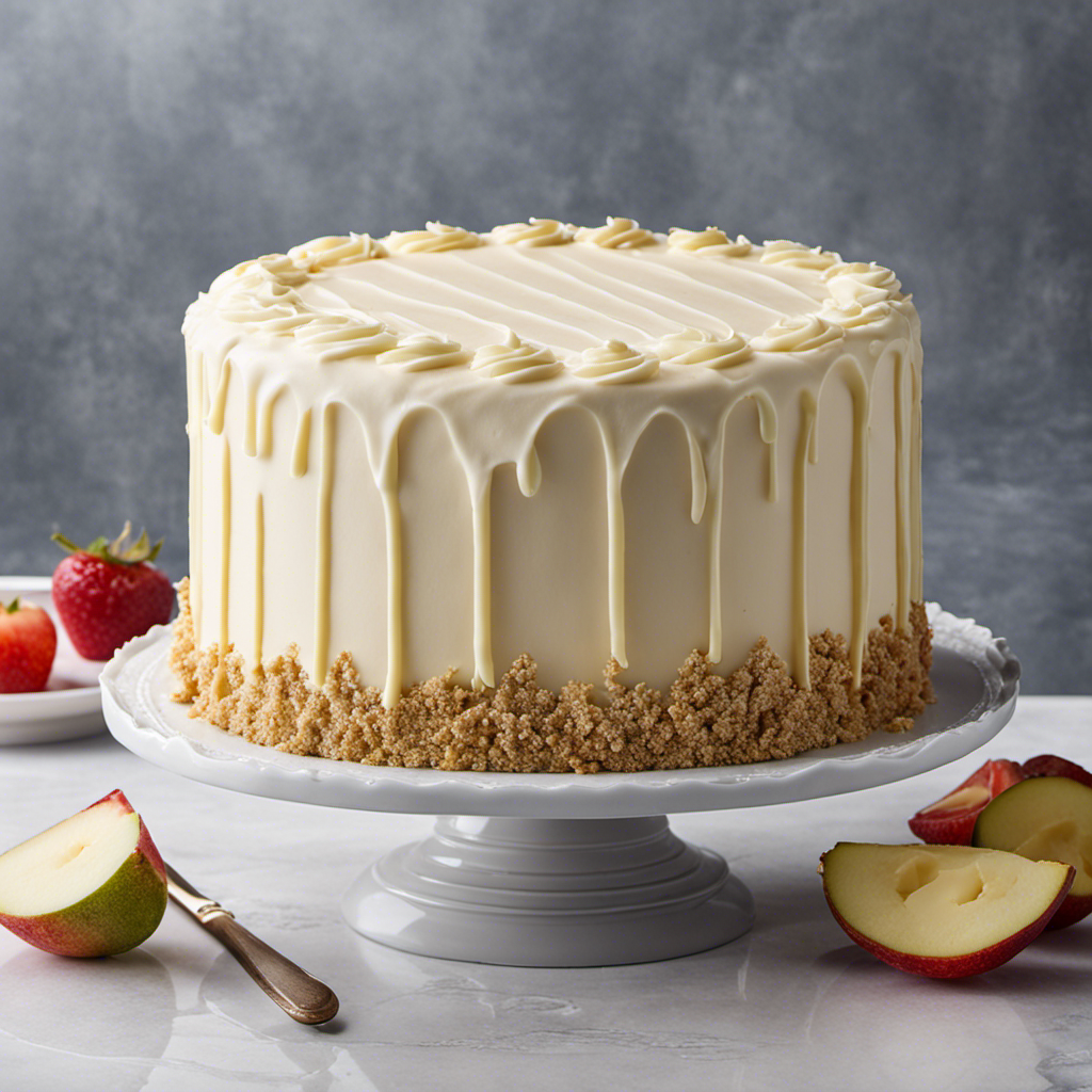 An image showcasing a luscious, velvety cream cheese frosting dripping smoothly over a perfectly frosted cake