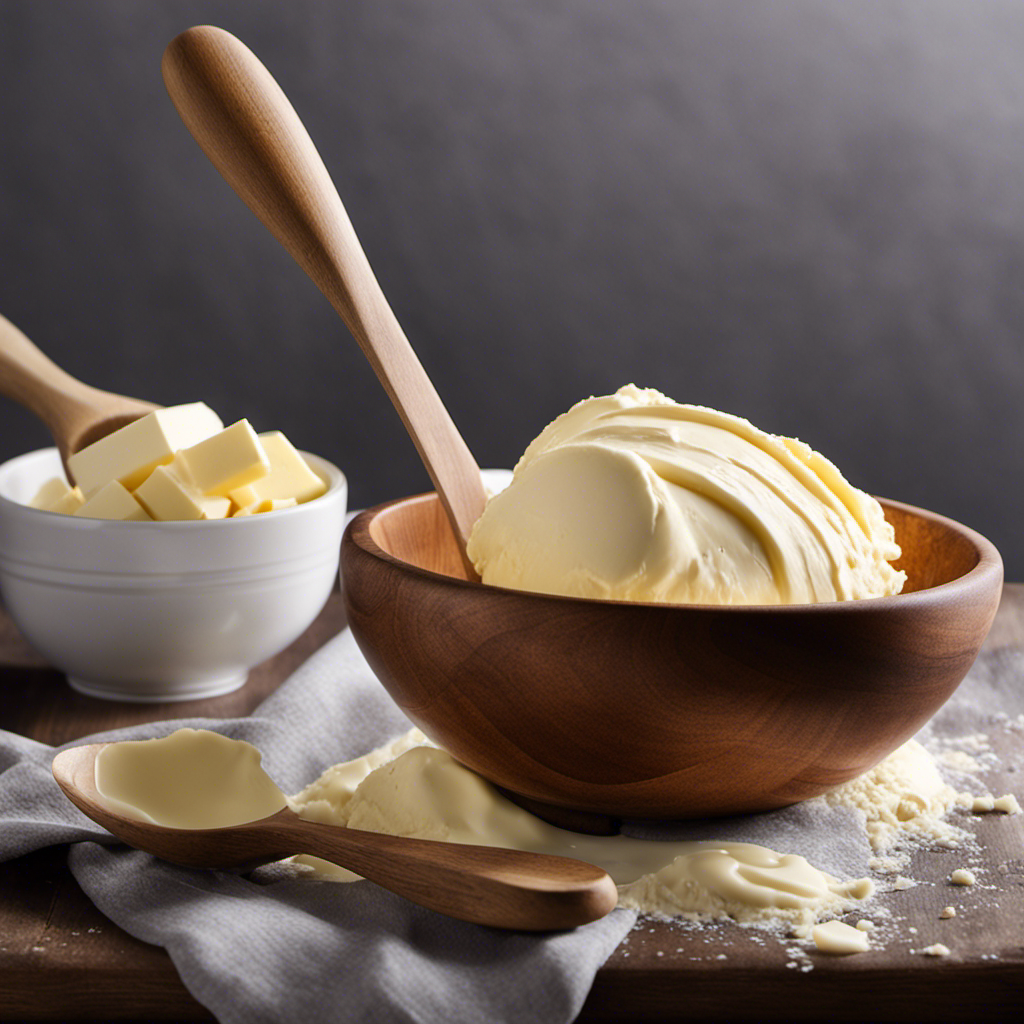An image showcasing the step-by-step process of making creamed butter: a softened block of butter being gently whipped in a mixing bowl until creamy, resembling a fluffy cloud, with a wooden spoon