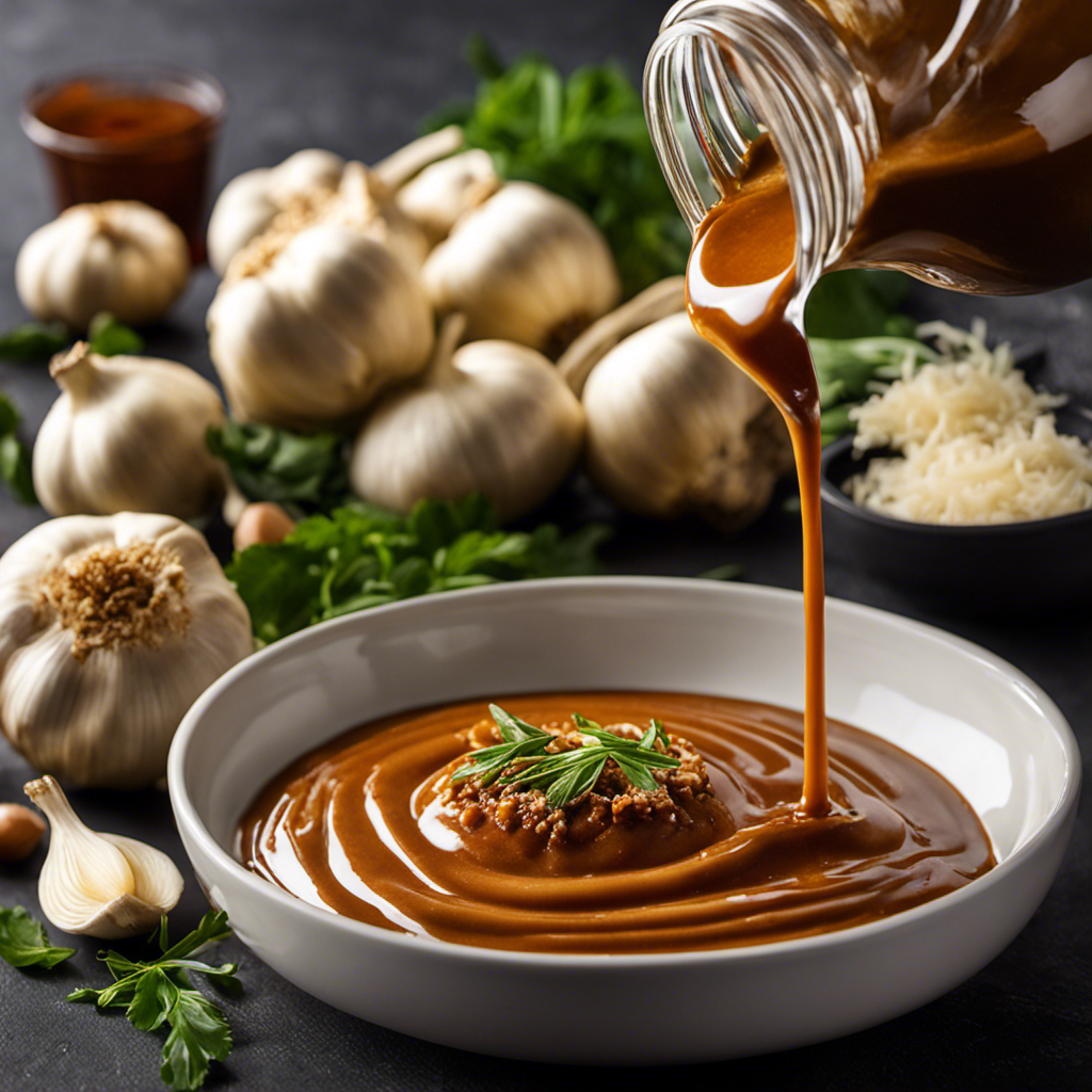 An image of a smooth, velvety sauce being poured onto a sizzling pan of golden brown garlic