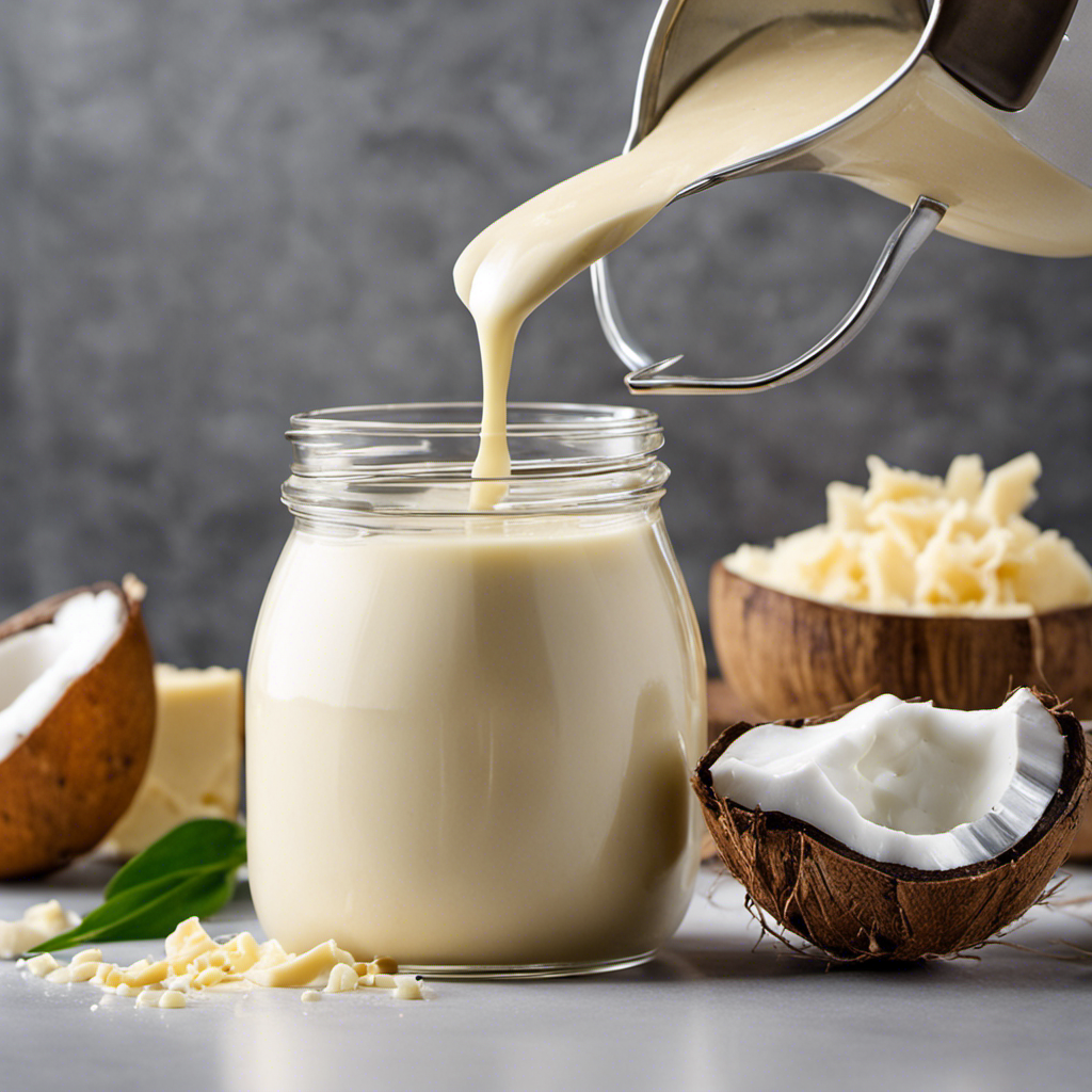 An image showcasing the step-by-step process of making dairy-free butter: a blender filled with creamy coconut milk and melted coconut oil, slowly emulsifying into a smooth, luscious spread
