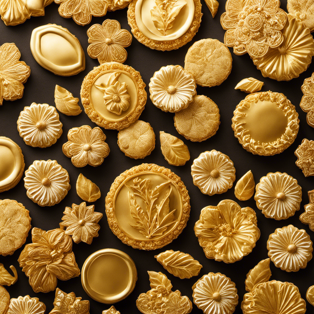 An image featuring a close-up shot of a golden tray filled with freshly baked Danish butter cookies, showcasing their delicate crumbly texture and beautiful floral-shaped designs