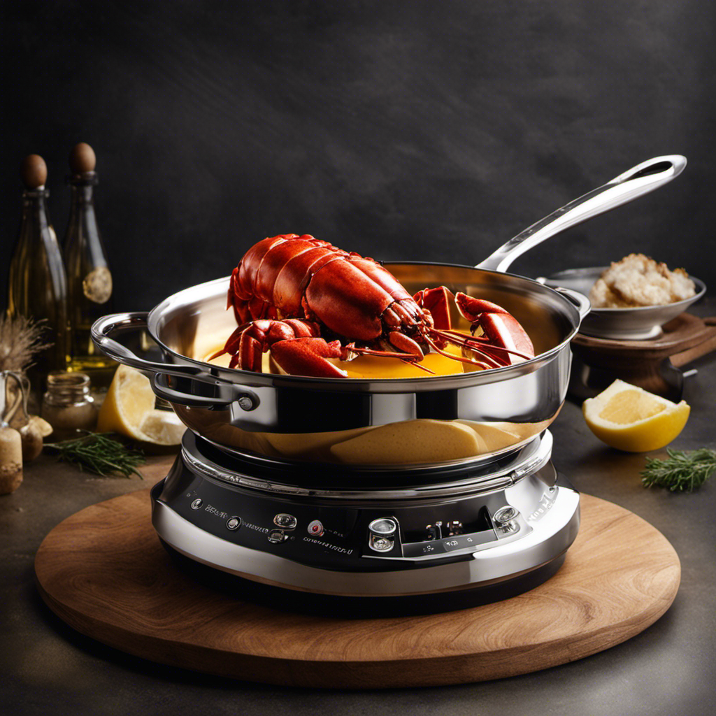 An image capturing the process of making drawn butter for lobster: a gleaming stainless steel saucepan on a stovetop, golden butter melting and swirling, a delicate lobster tail perched nearby, awaiting its indulgent complement