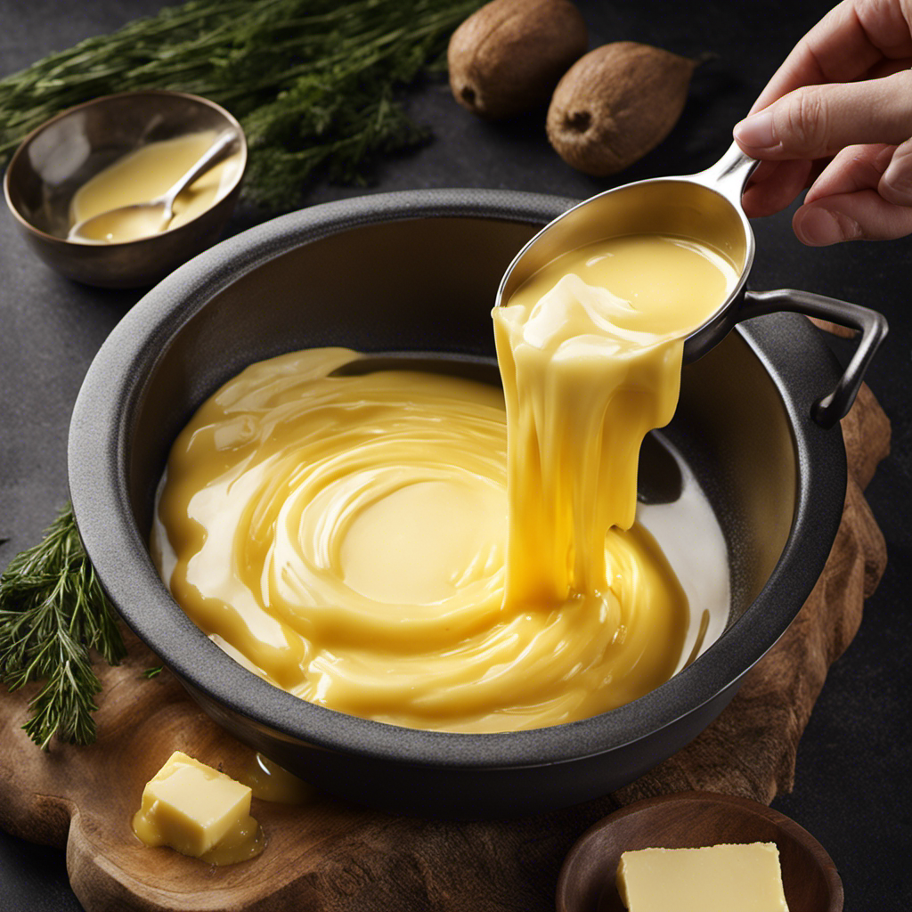 An image showcasing the step-by-step process of making drawn butter: a golden pool of melted butter being slowly skimmed off a simmering pot, cascading into a small dish, ready to be served