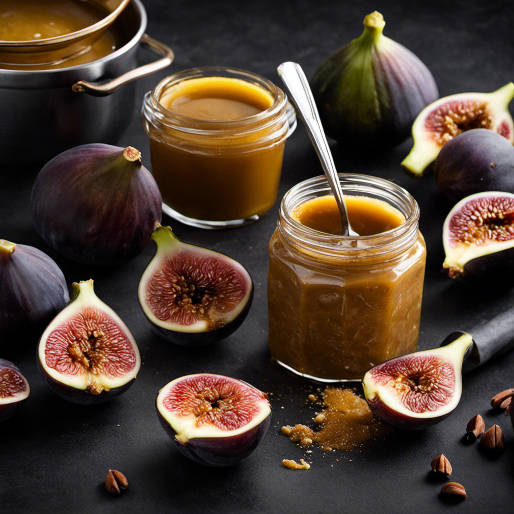 An image showcasing the step-by-step process of making fig butter: a close-up shot of a hand slicing ripe figs, a simmering pot with figs, honey, and spices, followed by a jar filled with rich, velvety fig butter
