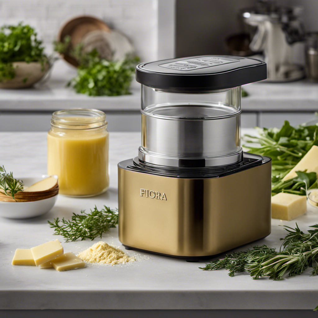 An image of a sleek, compact 'Easy Butter Maker' on a kitchen counter, surrounded by fresh herbs and a jar of golden, homemade Fiora butter