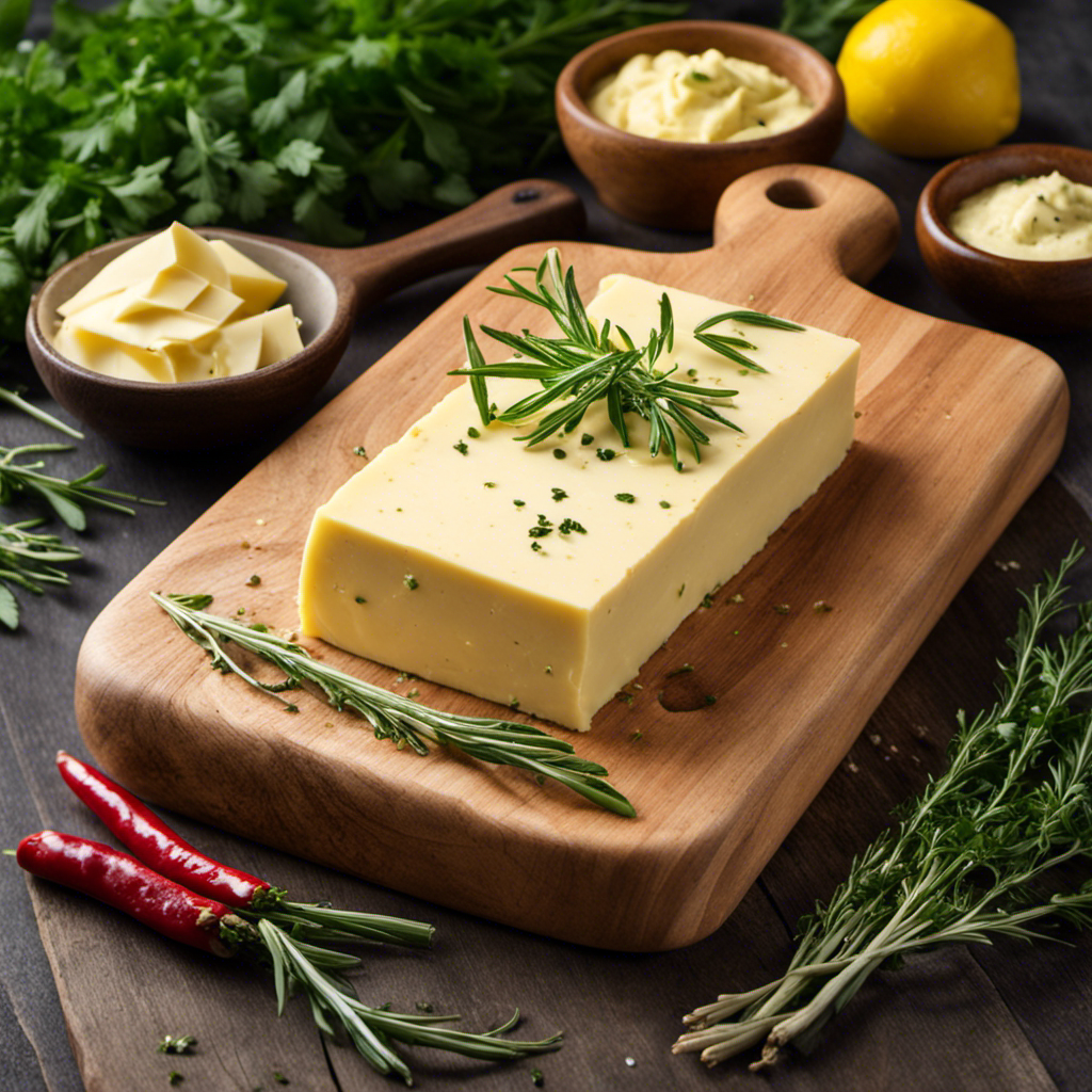 An image showcasing a rustic wooden cutting board topped with a dollop of creamy, homemade flavored butter surrounded by vibrant, freshly picked herbs and spices, enticing readers to learn How to Make Flavored Butter