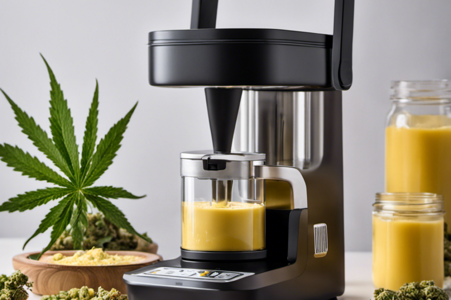 An image showcasing the step-by-step process of making Foria with the 'Easy Butter Maker': a close-up of grinding cannabis buds, pouring melted butter into the machine, infusing, straining, and finally, a jar filled with the finished product