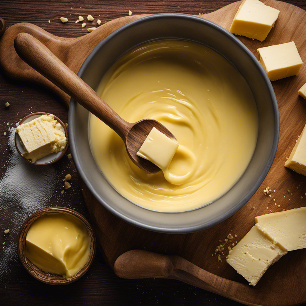 An image showcasing the step-by-step process of making French butter: a hand churning a bowl of creamy, pale yellow liquid; droplets of buttermilk separating from the butter; and finally, a perfectly formed golden slab of butter resting on a wooden board