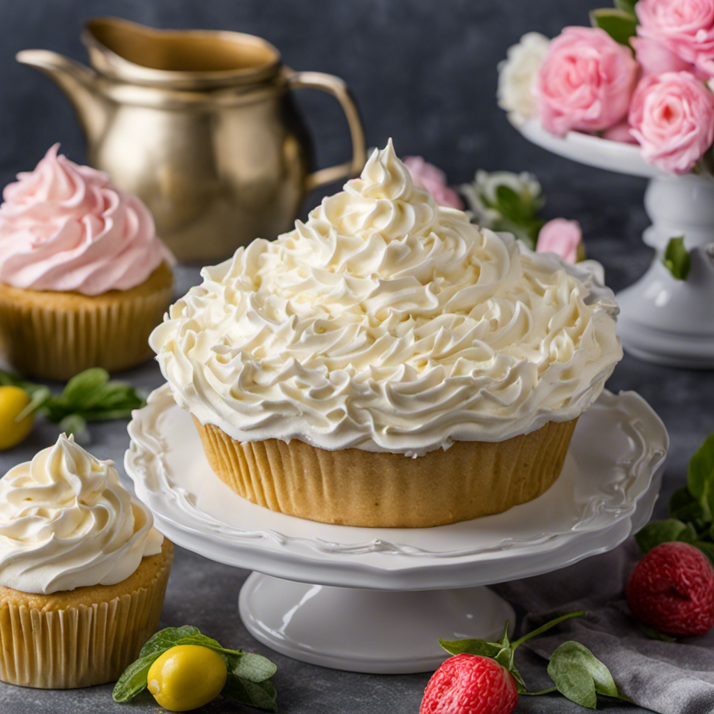 An image showcasing a luscious bowl of creamy frosting being whipped up using plant-based margarine, powdered sugar, vanilla extract, and a hand mixer