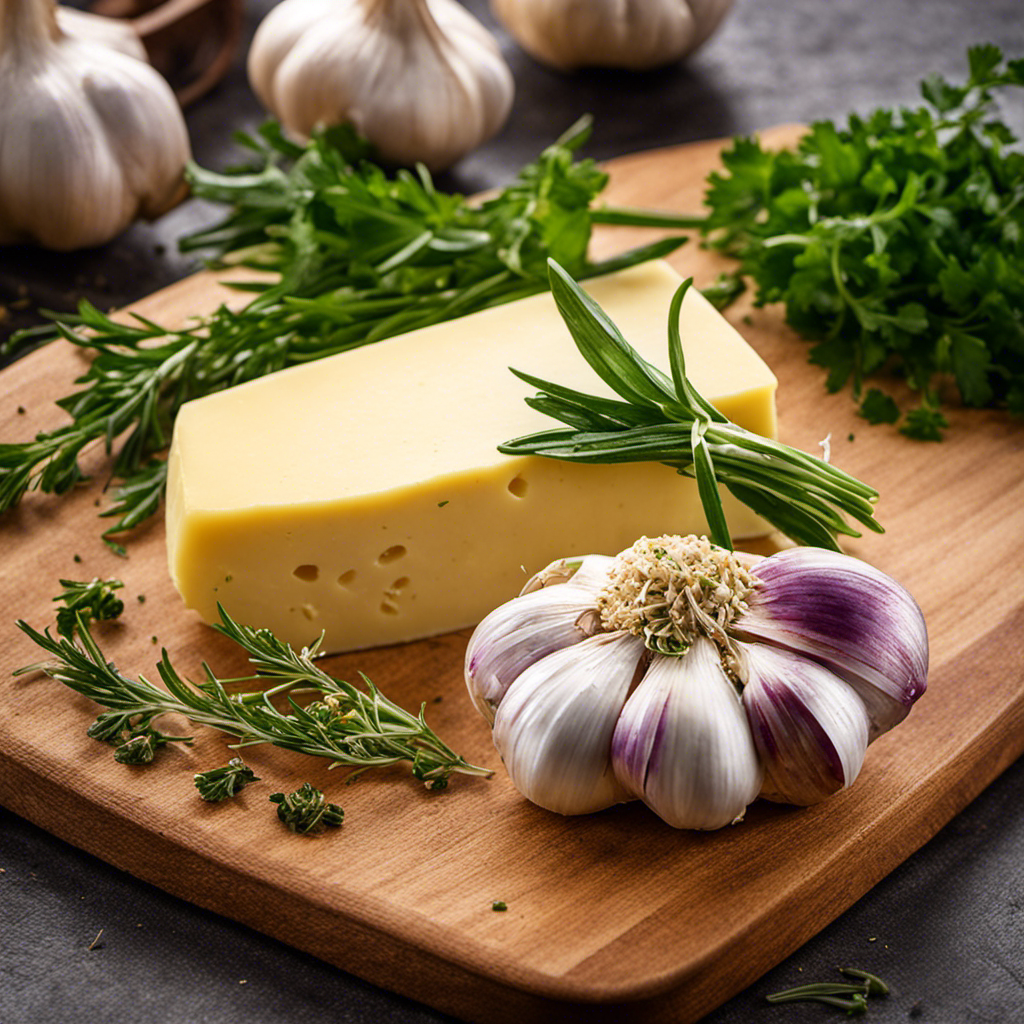 An image showcasing a wooden cutting board with freshly chopped garlic and a handful of vibrant herbs scattered around a creamy mound of homemade butter