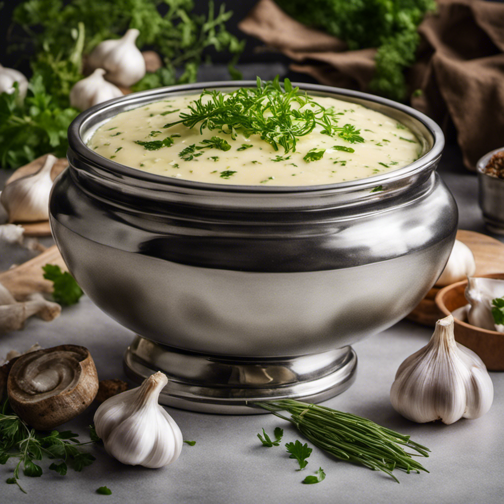 An image showcasing a gleaming silver bowl filled with freshly made garlic butter, oozing with vibrant green herbs and aromatic minced garlic, ready to be drizzled over succulent seafood