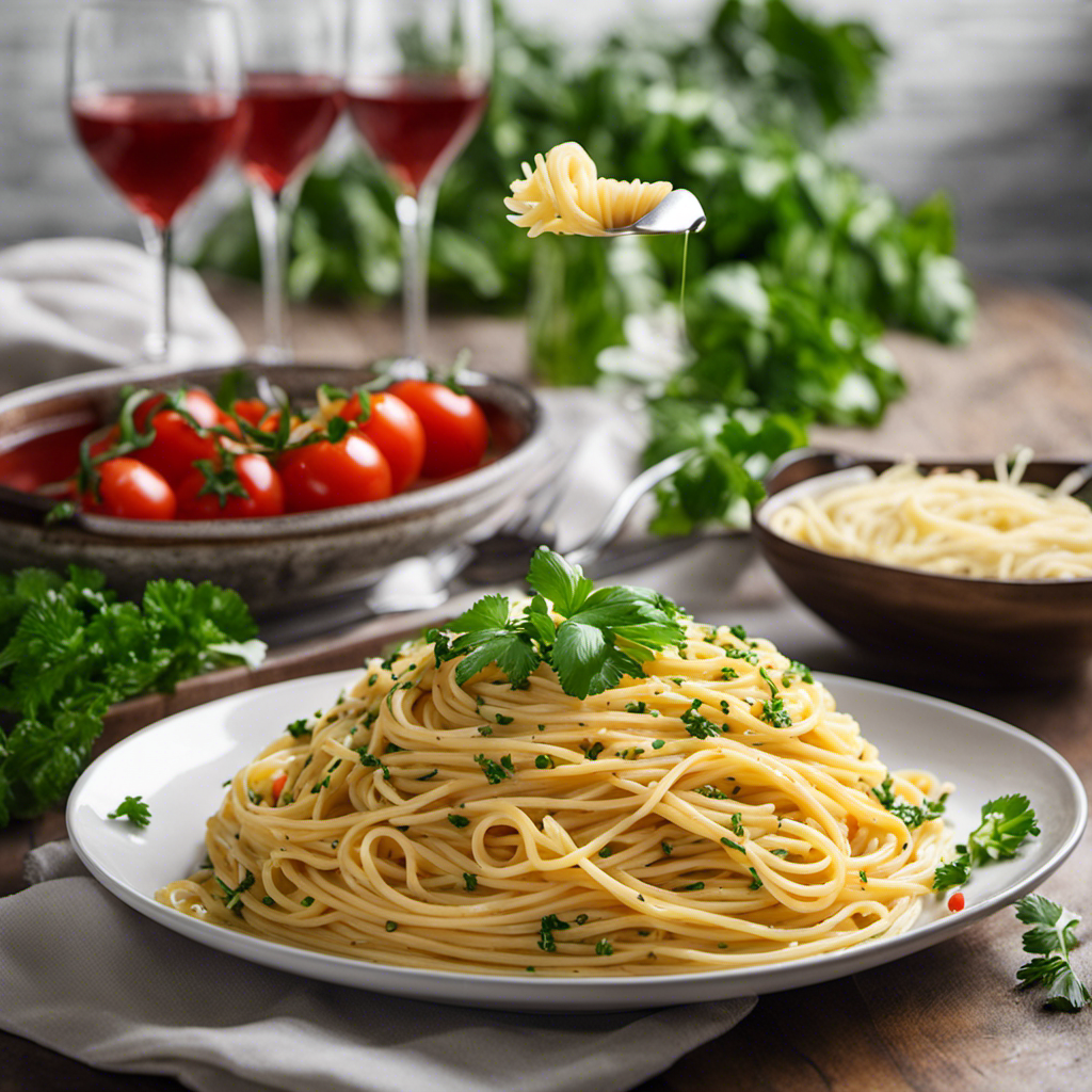 An image showcasing a steamy plate of al dente spaghetti coated in a rich, creamy garlic butter sauce