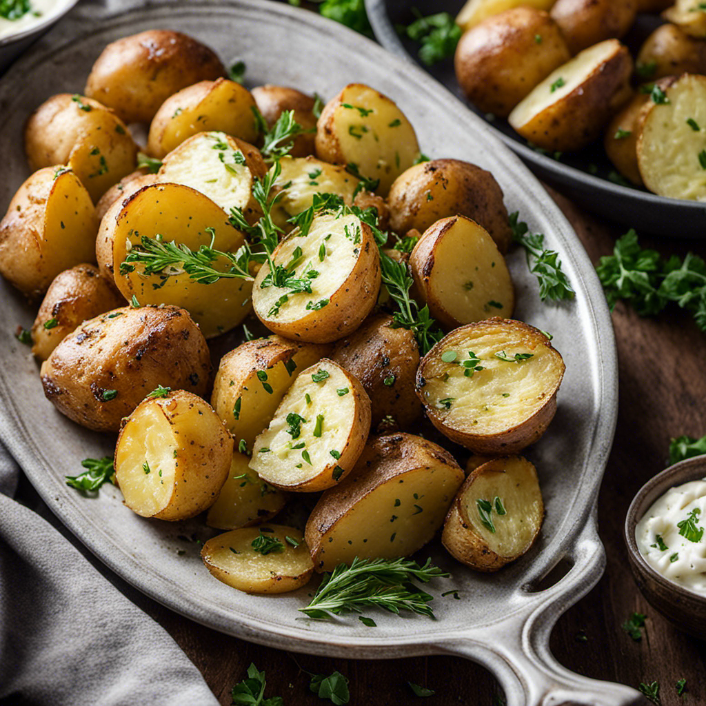 An image featuring golden-brown roasted potatoes, glistening with flavorful garlic butter