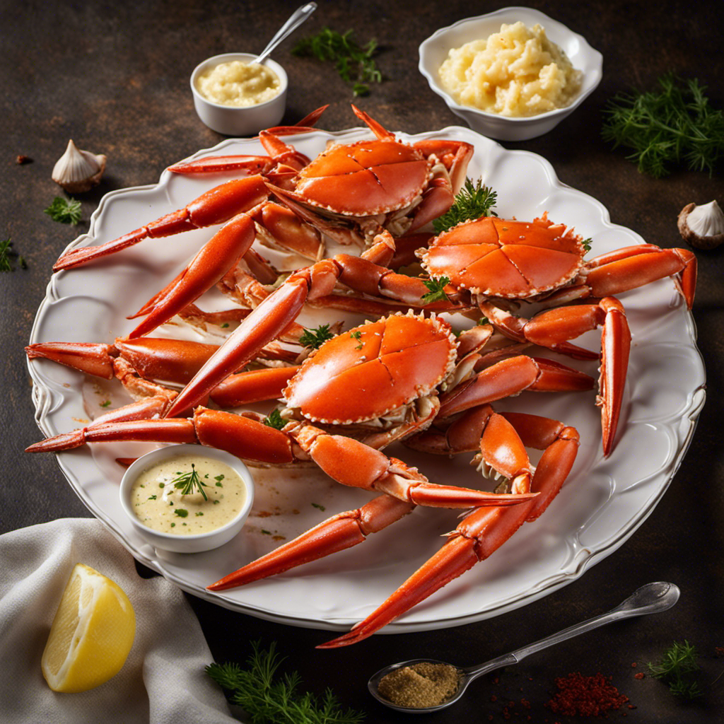 An image that showcases a platter of steaming, succulent crab legs, bathed in a rich, velvety garlic butter sauce
