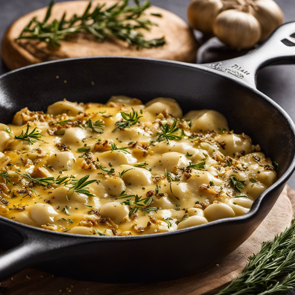 An image showcasing a close-up shot of a sizzling skillet filled with golden garlic cloves, gently melting butter, and aromatic herbs, as they infuse together to create a mouthwatering garlic butter sauce for a perfect pizza drizzle