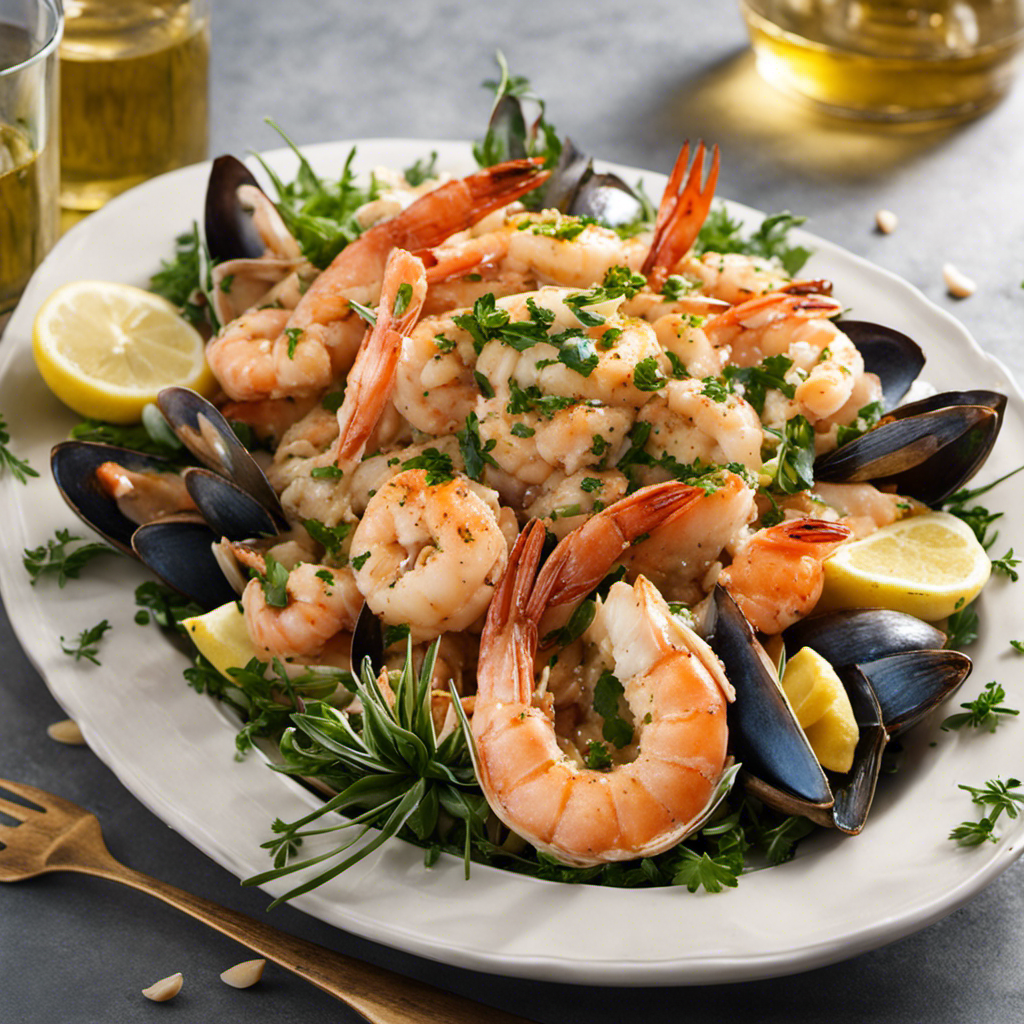 An image showcasing a luscious, creamy garlic butter sauce being poured over a succulent platter of seafood