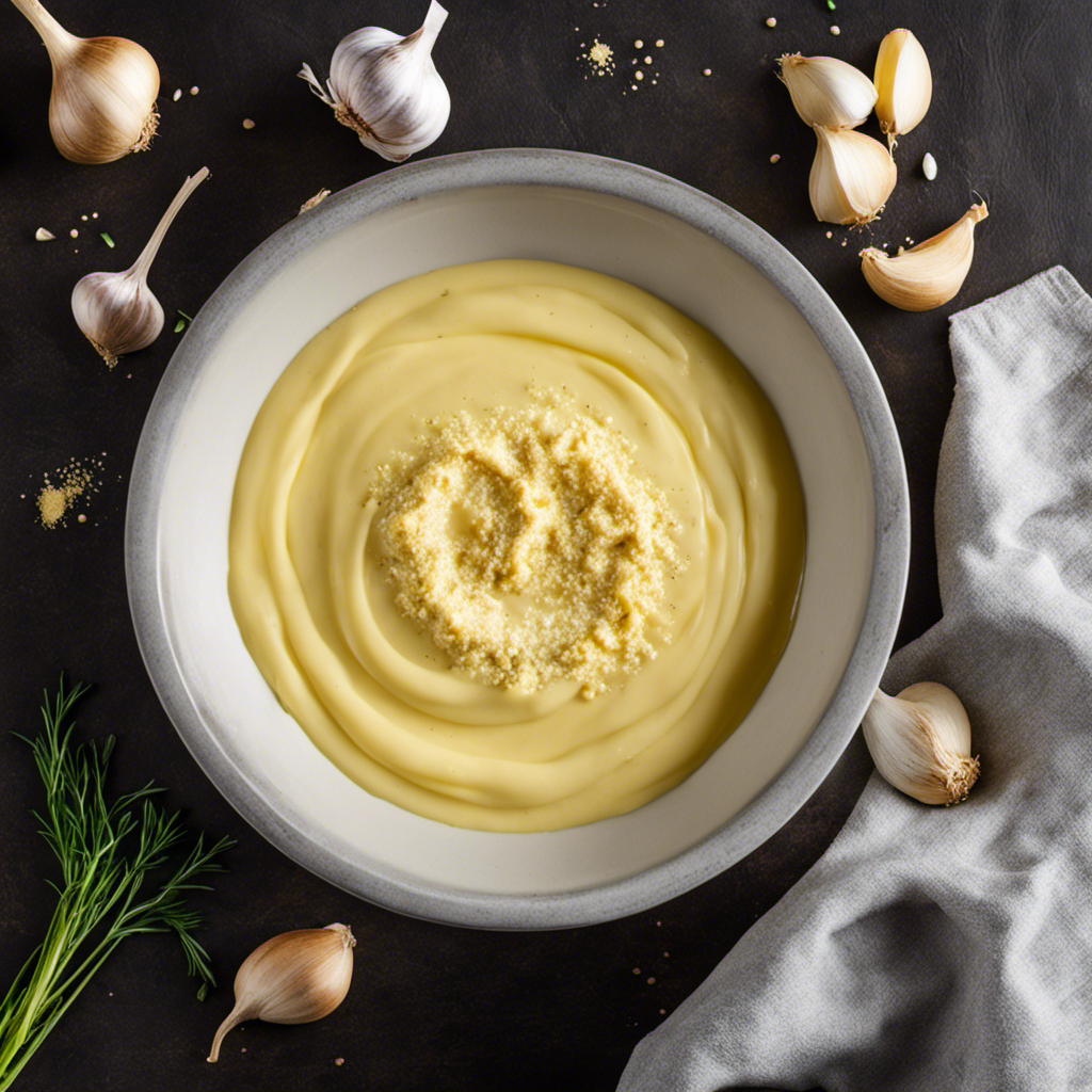 An image showcasing the step-by-step process of making garlic butter using garlic powder: a hand sprinkling golden garlic powder onto a pool of melted butter, followed by gentle whisking, resulting in a creamy, aromatic mixture