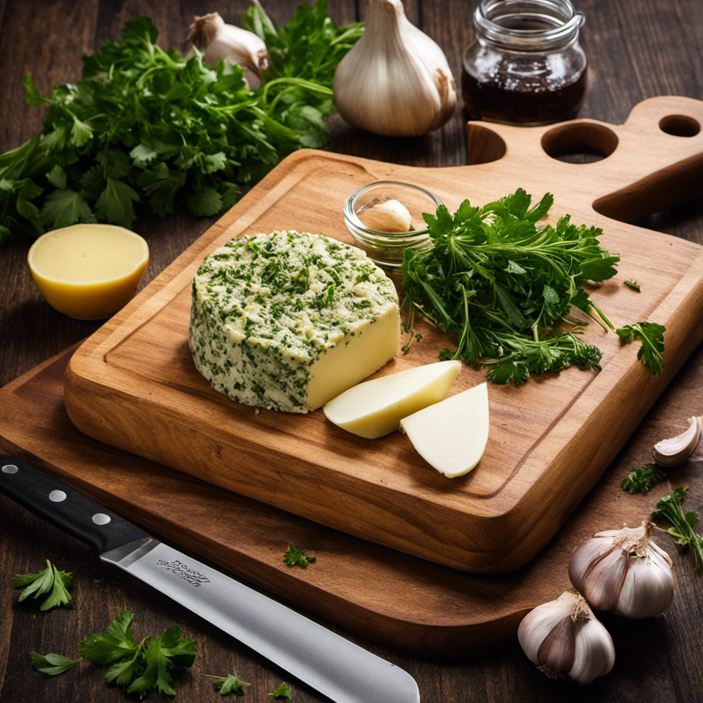 An image showcasing a wooden cutting board with freshly minced garlic, vibrant green herbs (such as parsley and thyme), and creamy butter being smoothly blended together with a chef's knife