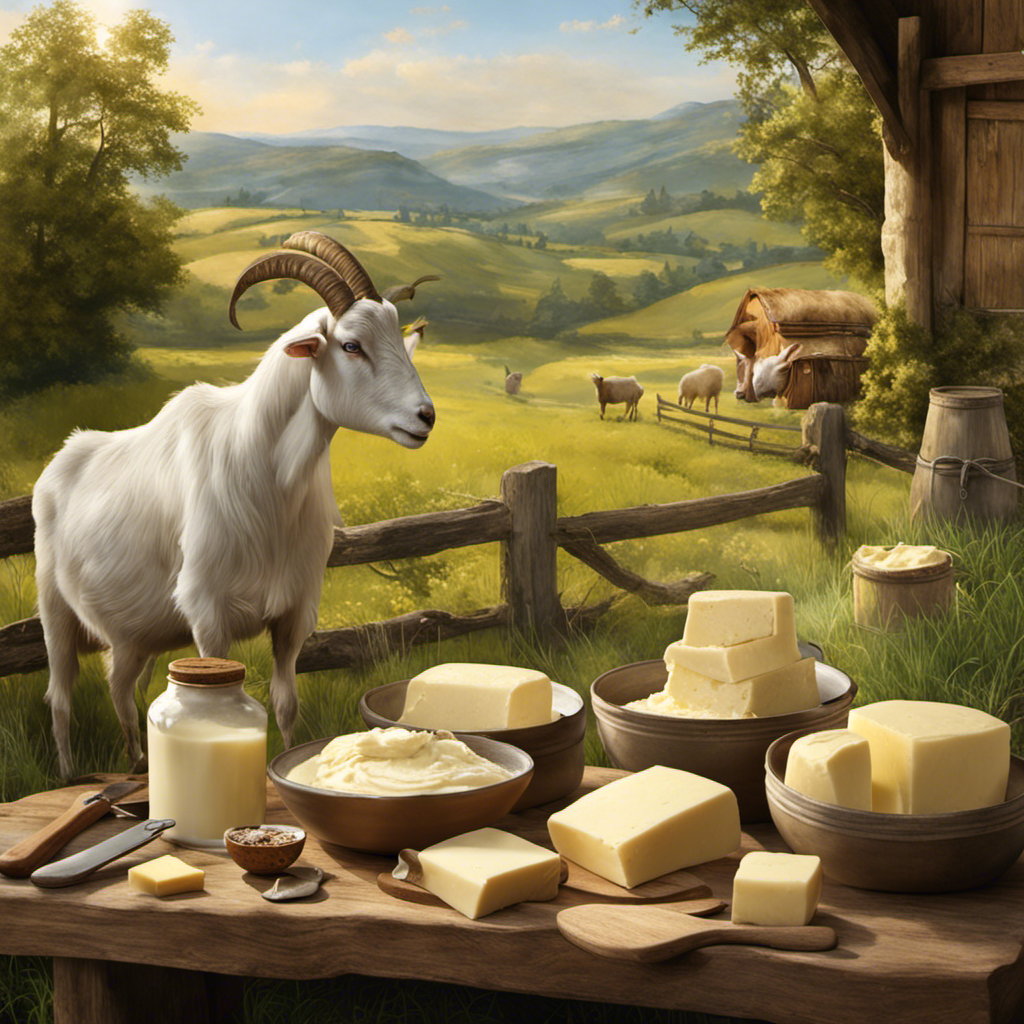 An image capturing the art of making goat butter; a pair of skilled hands expertly churning fresh goat's milk, resulting in a creamy, golden masterpiece, surrounded by rustic utensils and a serene countryside backdrop
