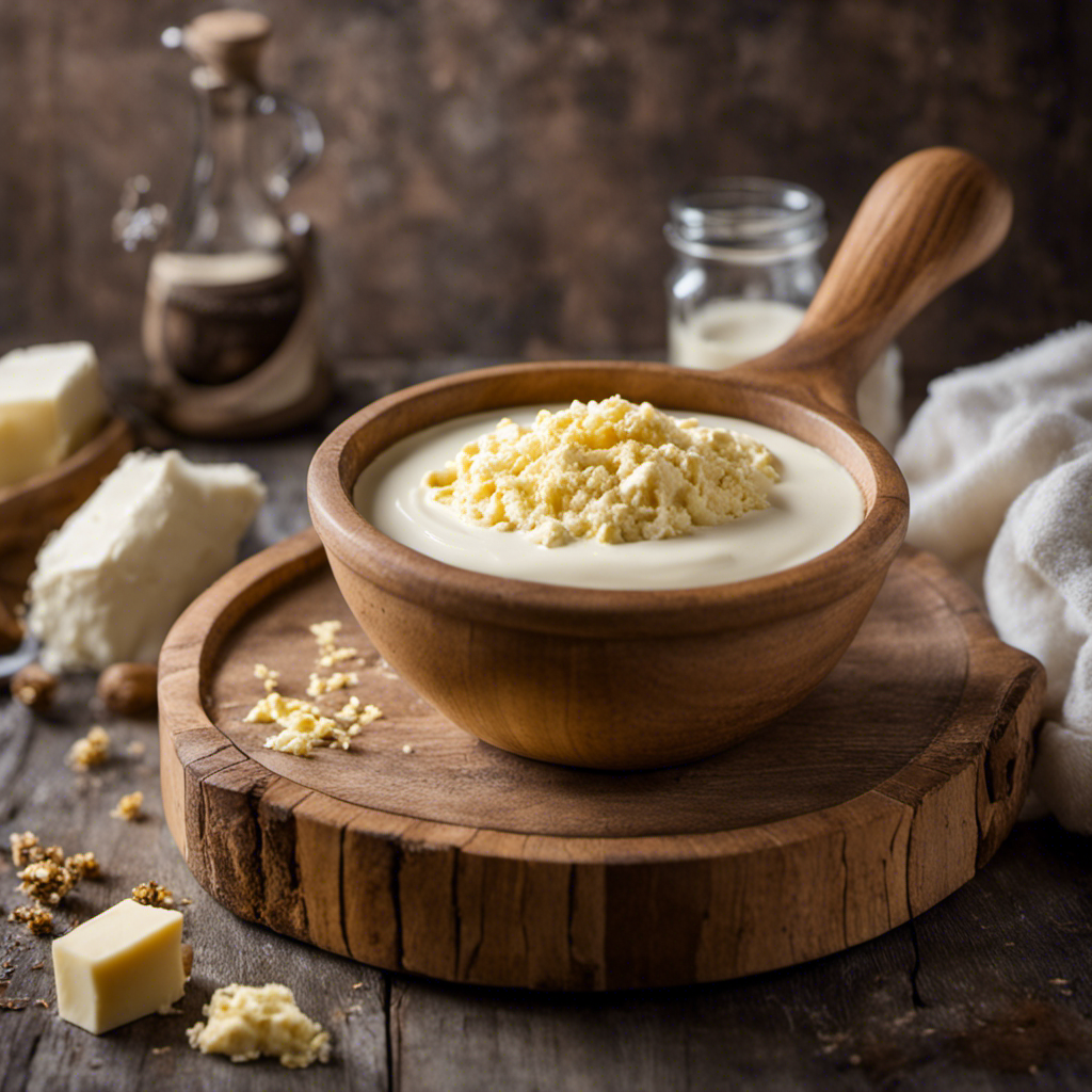 An image capturing the process of making goat milk butter, featuring a close-up shot of a rustic wooden churn filled with creamy white goat milk, being vigorously hand-turned, with small flecks of golden butter forming