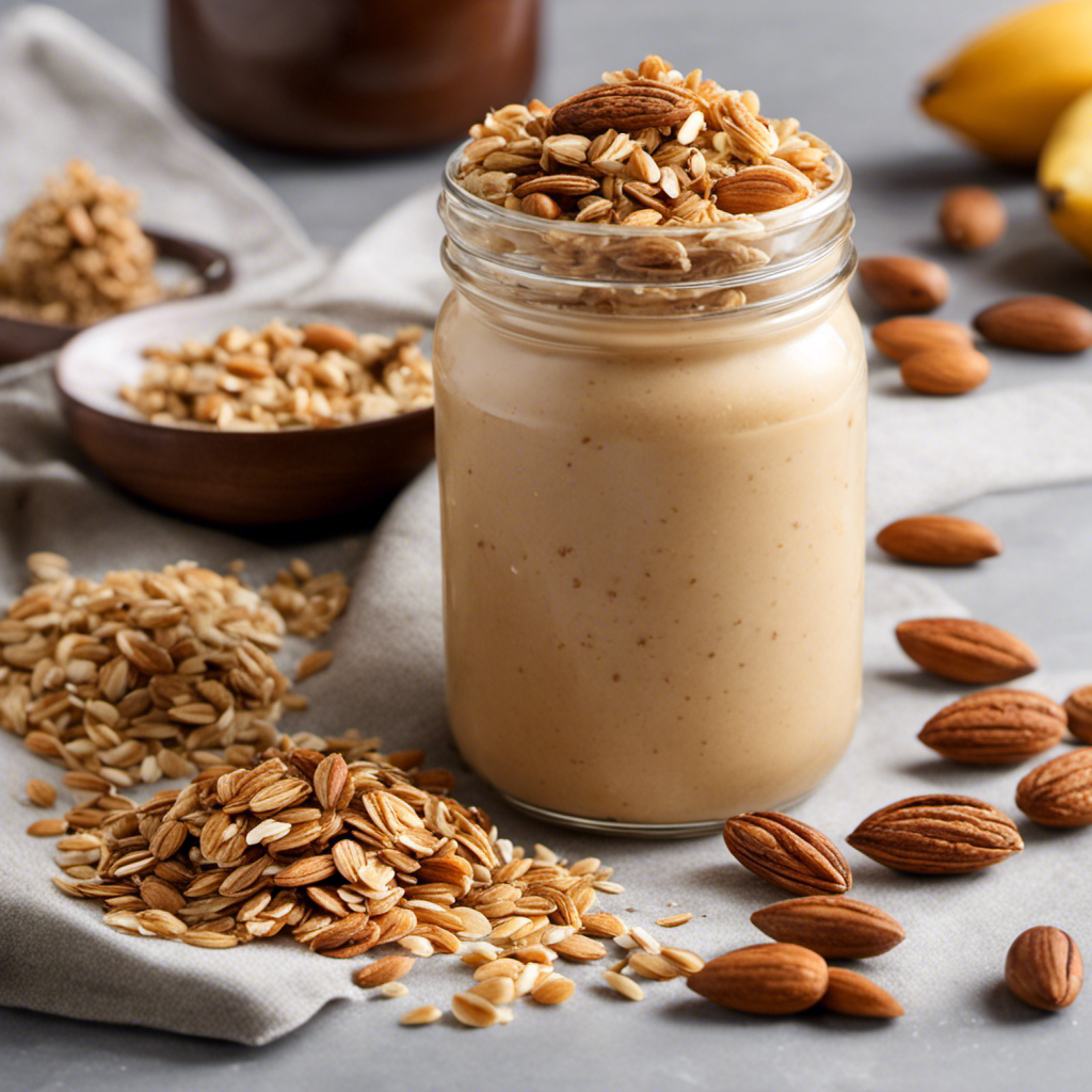 An image showcasing the step-by-step process of making granola butter: a golden mixture of toasted oats, almonds, honey, and vanilla, blended into a creamy spread