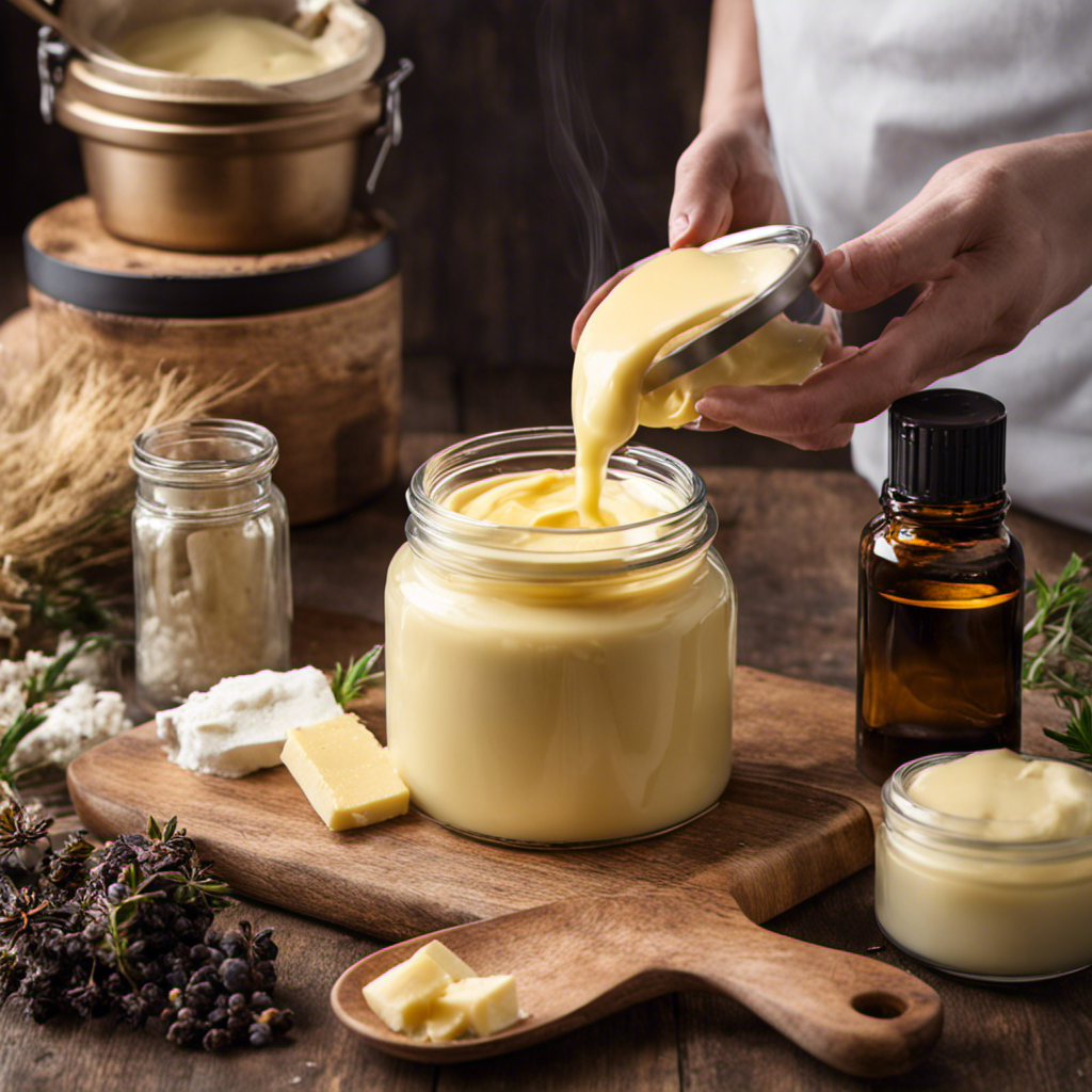 An image showcasing the step-by-step process of making hair butter: a woman melting shea butter in a double boiler, adding essential oils, blending the mixture, and pouring it into a jar for storage
