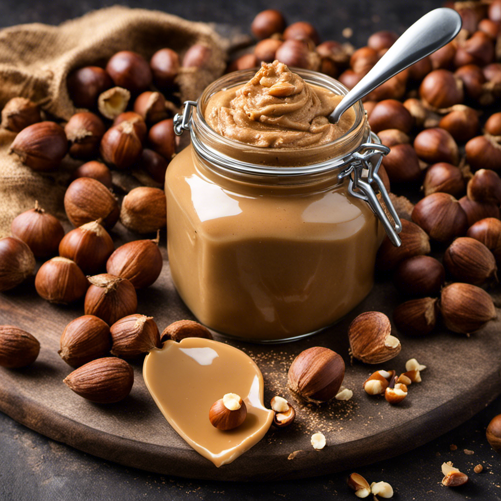 An image showcasing the step-by-step process of making homemade hazelnut butter: a pile of roasted hazelnuts, a food processor in action, silky smooth butter being scraped into a jar, and a spoonful of luscious hazelnut butter ready to be savored