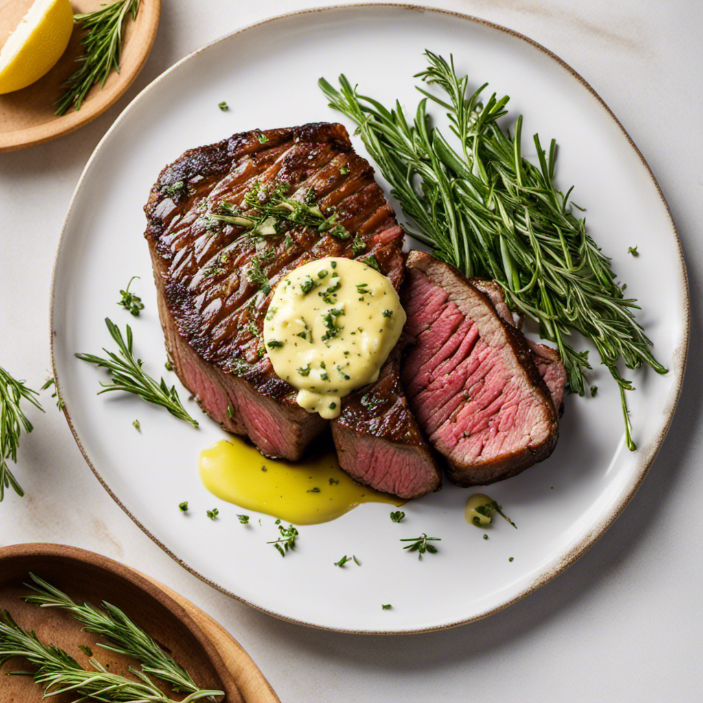 An image showcasing a juicy, perfectly seared steak topped with a generous dollop of vibrant green herb butter, slowly melting and infusing the meat with flavors of fragrant rosemary, earthy thyme, and zesty lemon