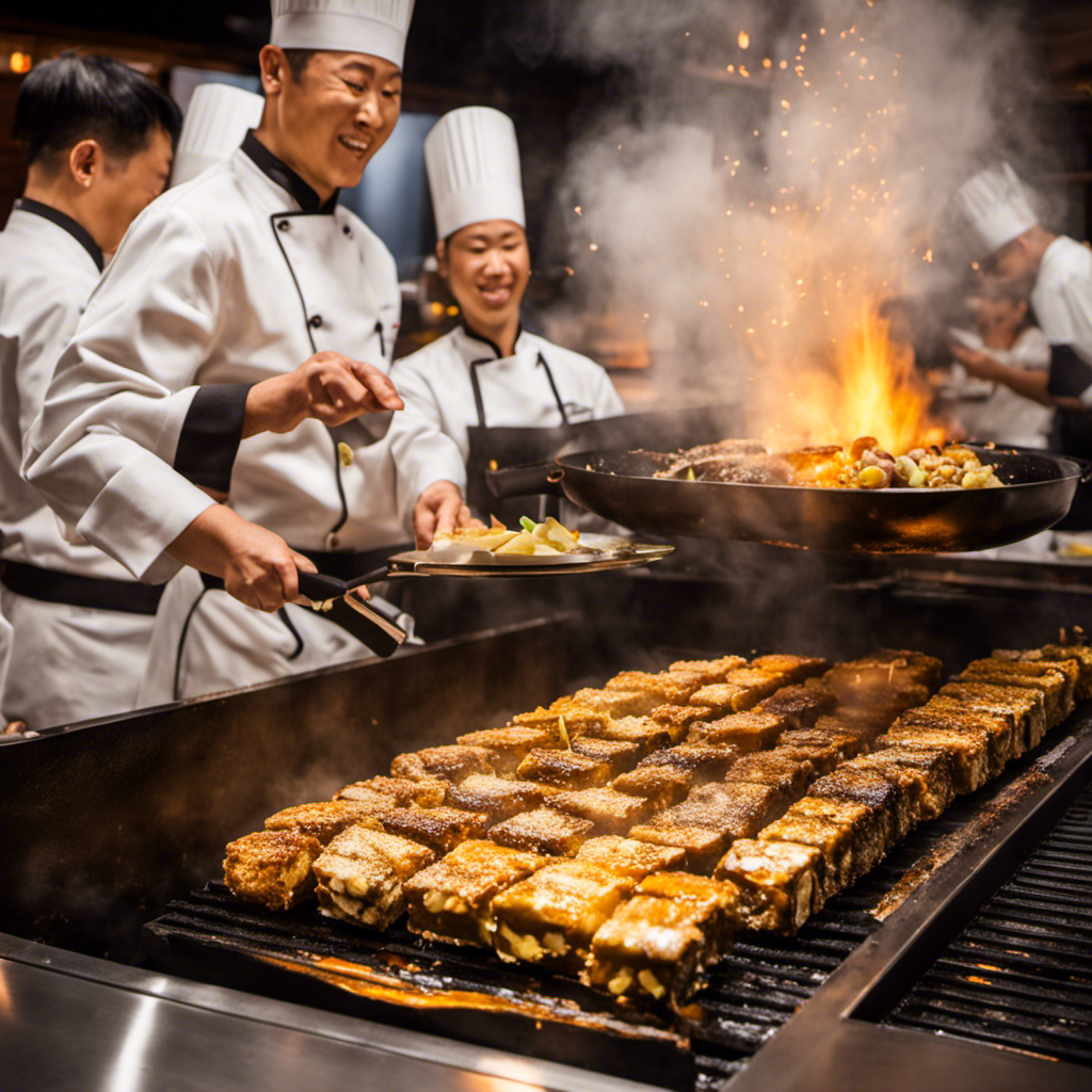 An image showcasing a sizzling hibachi grill, with a chef expertly flipping cubes of golden butter infused with minced garlic