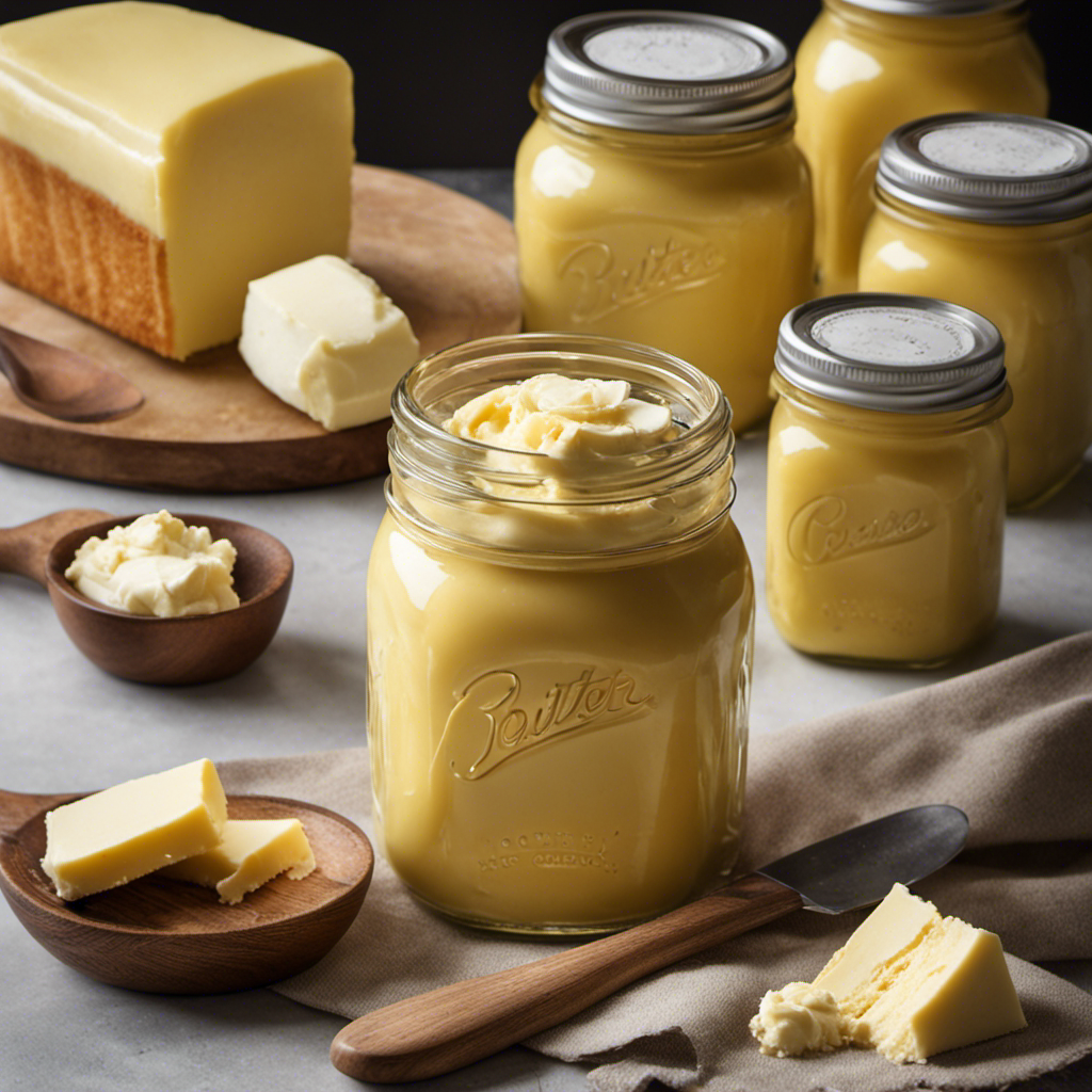 An image capturing the step-by-step process of making homemade butter in a jar: a jar filled with fresh cream, vigorously shaken until thickened, separated into yellow butter and white buttermilk, and finally shaped into a smooth, golden ball