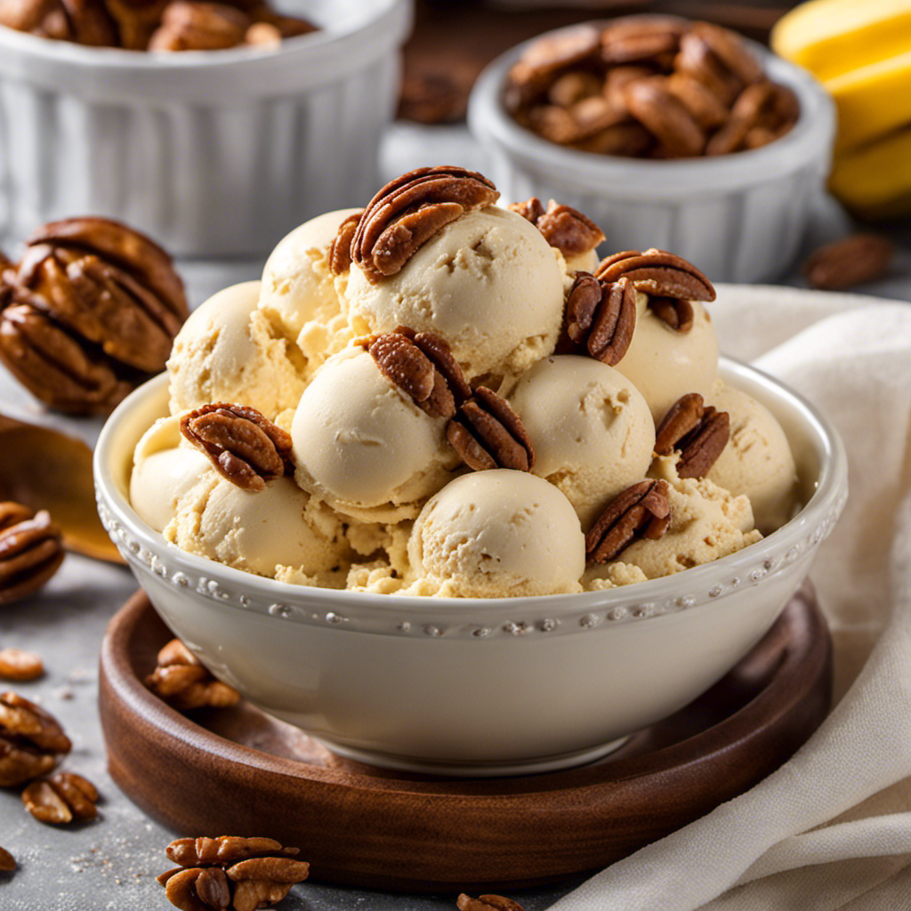 An image showcasing a creamy scoop of homemade butter pecan ice cream, sprinkled with golden-toasted pecan pieces, nestled in a vintage-style ice cream bowl
