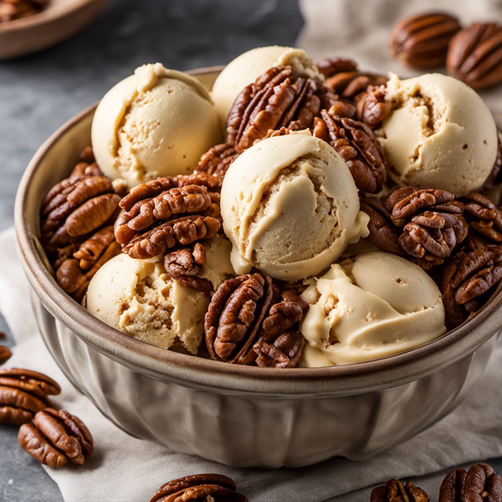 An image that showcases the process of gently folding crunchy pecans into rich, creamy ice cream base, illustrating the art of incorporating pecans into homemade butter pecan ice cream without an ice cream maker