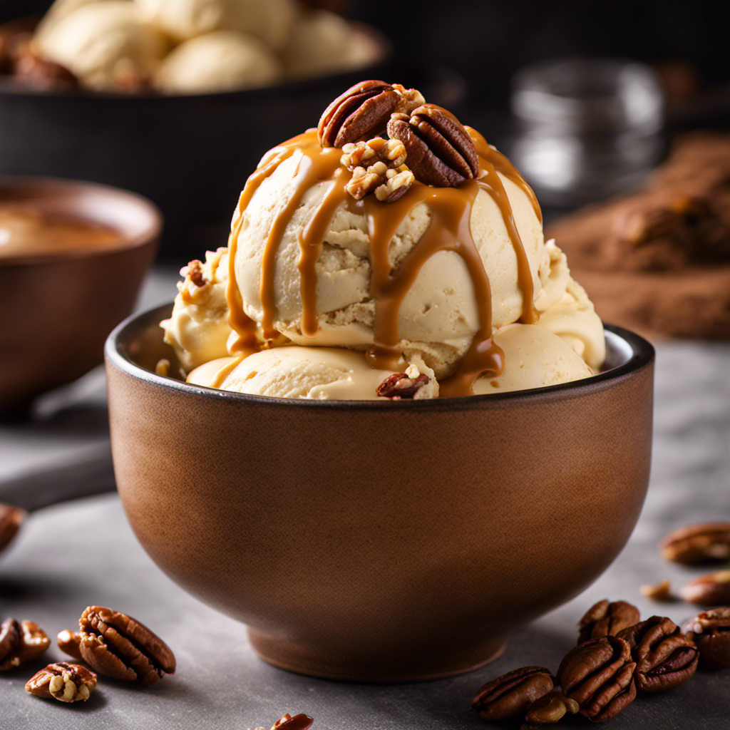An image showcasing a bowl filled with creamy, golden-hued homemade butter pecan ice cream, garnished with a generous sprinkle of toasted pecans and a drizzle of luscious caramel sauce
