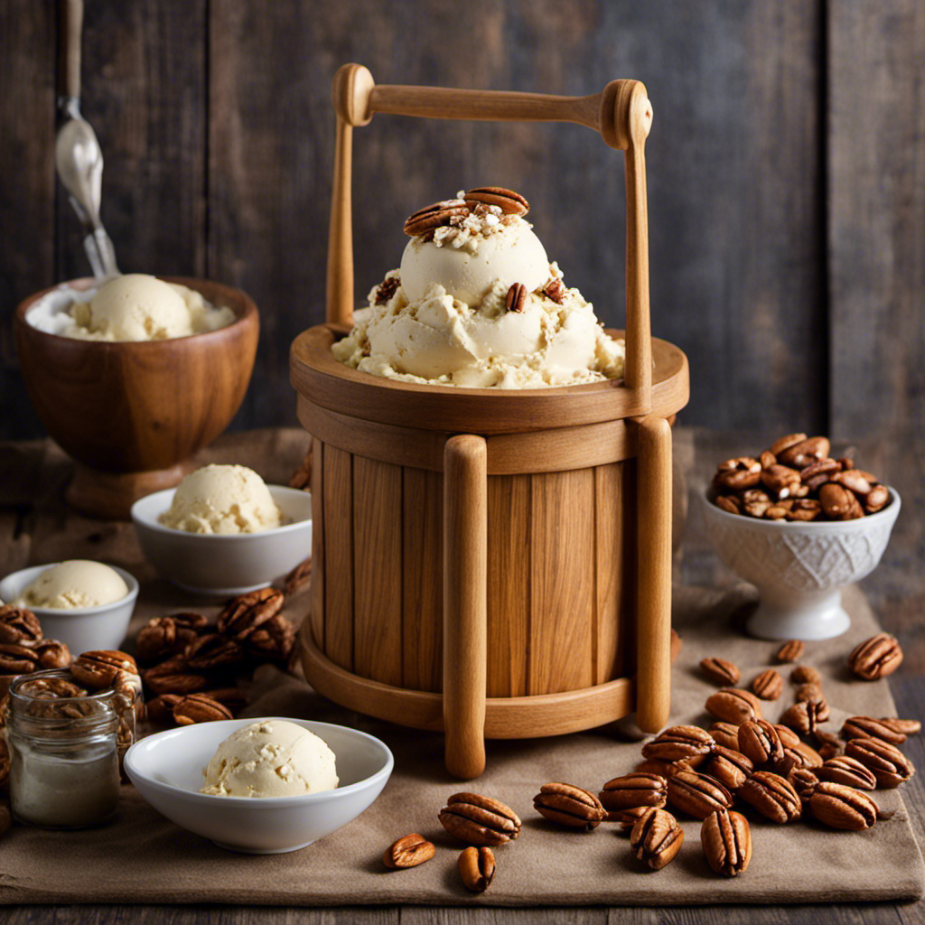 An image of a rustic wooden churn filled with creamy butter pecan ice cream, surrounded by a scattering of golden pecans
