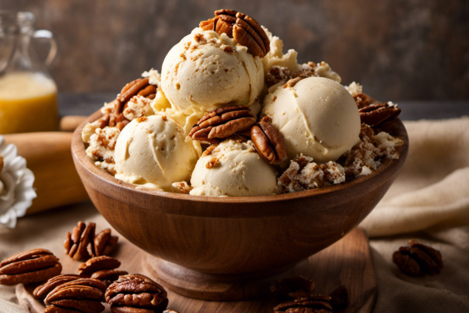 An image showcasing a rustic wooden bowl filled with creamy homemade butter pecan ice cream, adorned with a generous sprinkling of golden caramelized pecans, against a backdrop of swirling wisps of vanilla bean flecks