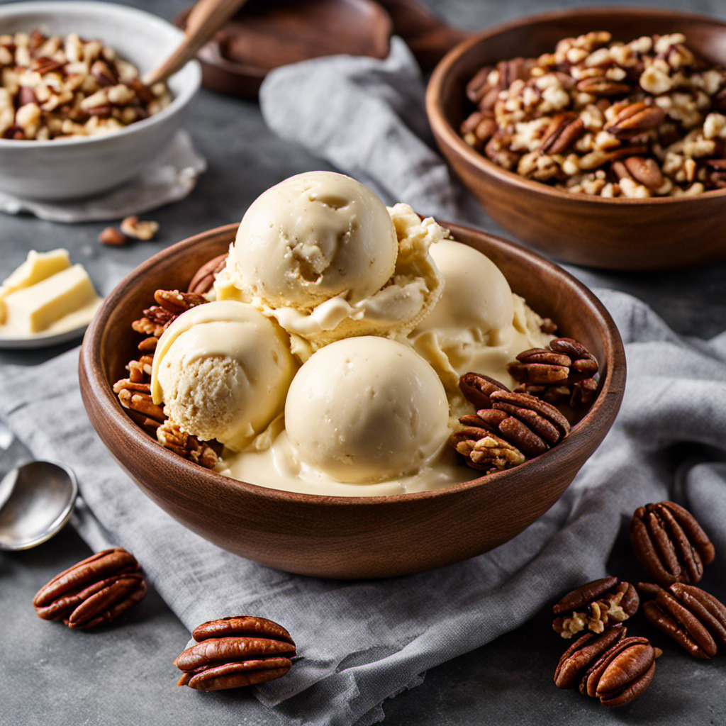 An image showcasing a mixing bowl filled with creamy butter pecan ice cream base