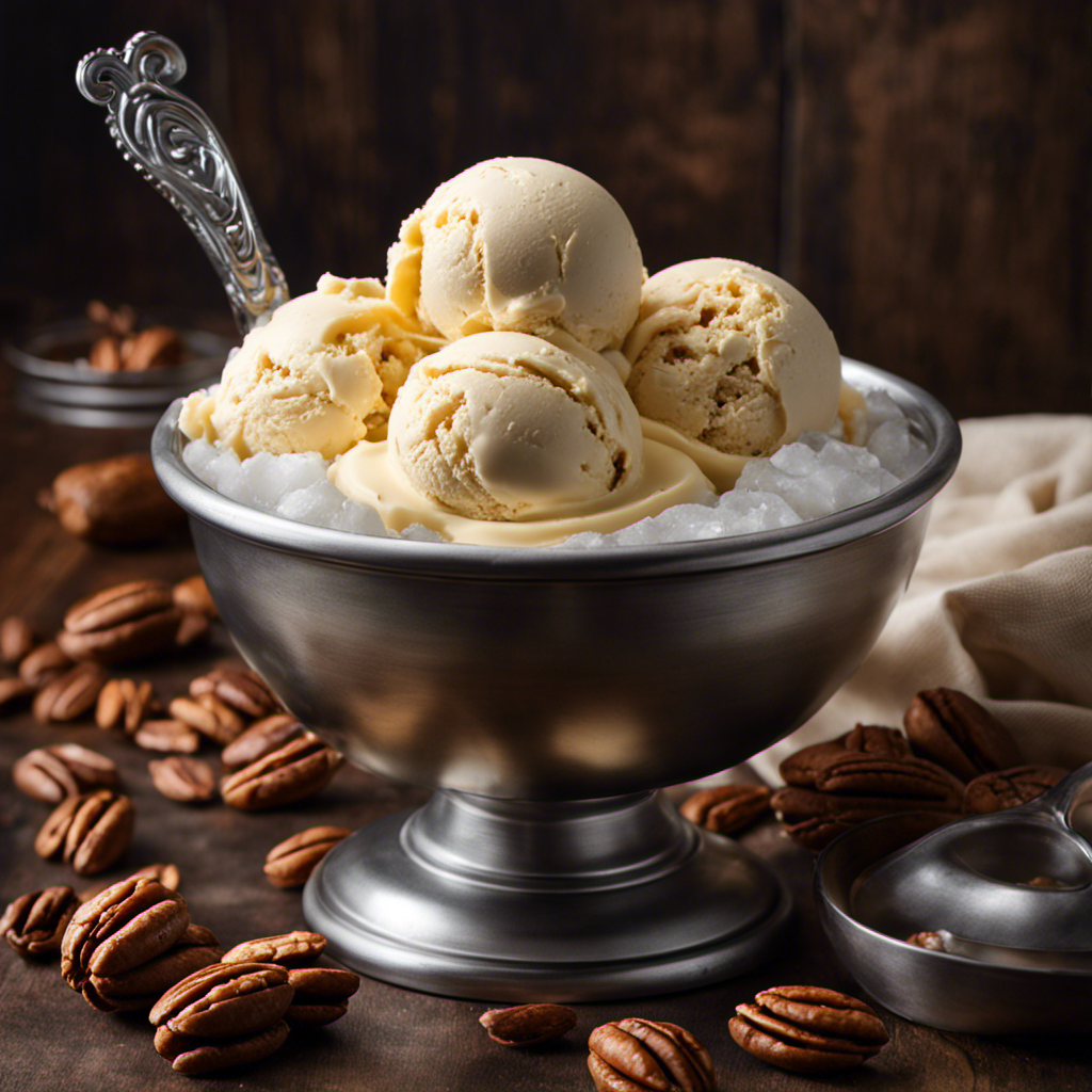 An image depicting a pair of hands vigorously churning a creamy mixture of butter pecan ice cream in a metal bowl placed on a bed of ice