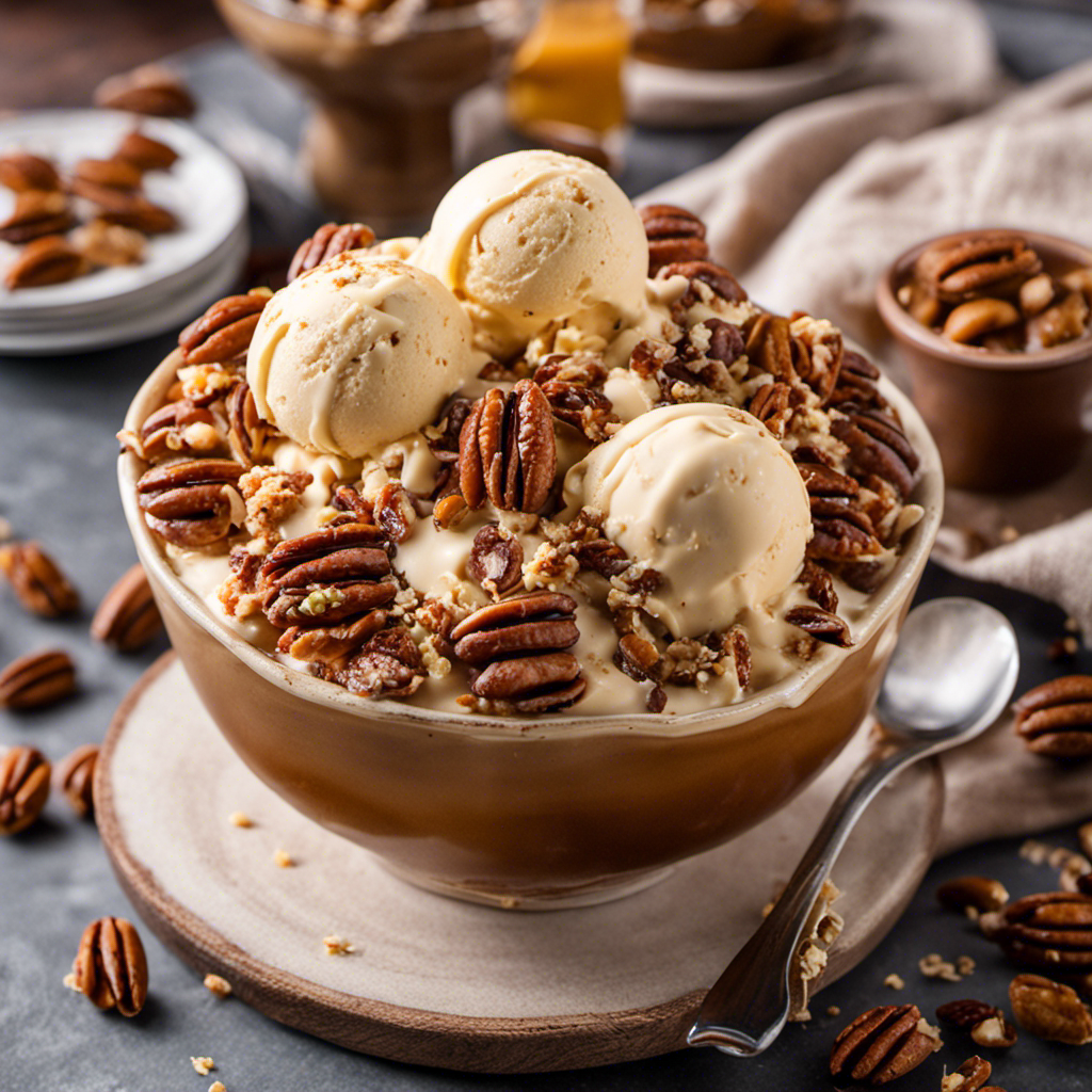 An image showcasing a bowl filled with creamy homemade butter pecan ice cream, adorned with a variety of delectable toppings such as caramel drizzle, crushed pecans, and a sprinkle of chocolate shavings