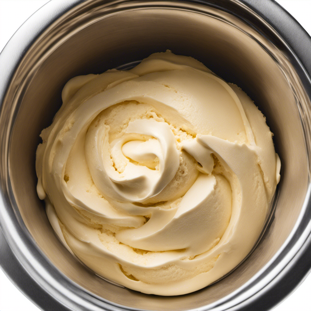 An image of a stainless steel bowl filled with rich, creamy butter pecan ice cream mixture being placed into the freezer