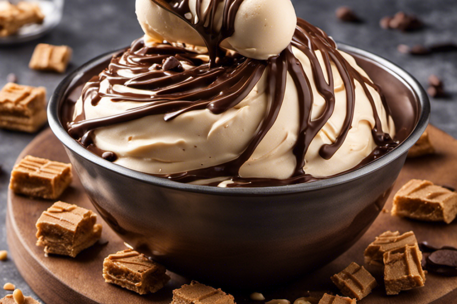 An image of a wooden spoon swirling rich, velvety chocolate peanut butter mixture in a metal bowl
