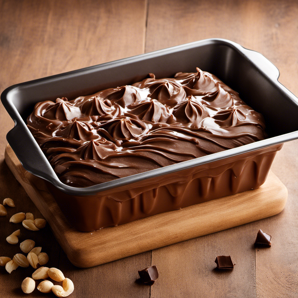 An image showcasing a person pouring creamy chocolate peanut butter ice cream mixture into a chilled metal loaf pan, while a layer of plastic wrap is perfectly pressed onto the surface to prevent ice crystals