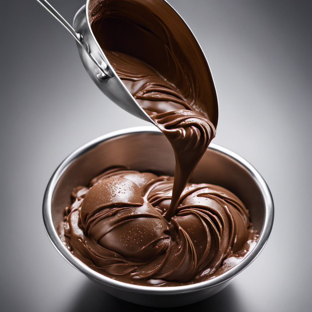An image of a person vigorously whisking a rich chocolate peanut butter ice cream base in a chilled metal bowl, with droplets of condensation forming on the outside, showcasing the importance of consistent stirring during the freezing process