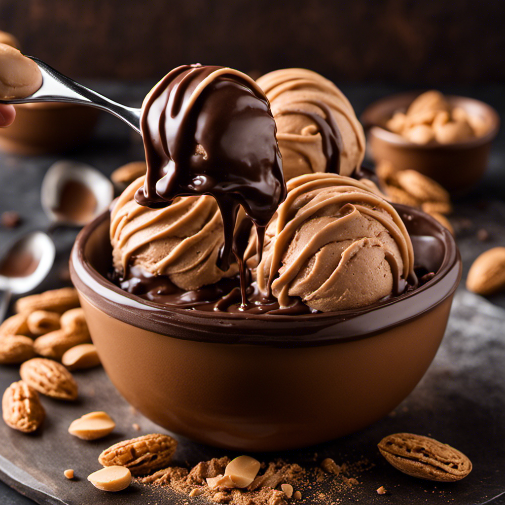 An image showcasing the process of swirling creamy, homemade peanut butter into rich, velvety chocolate ice cream