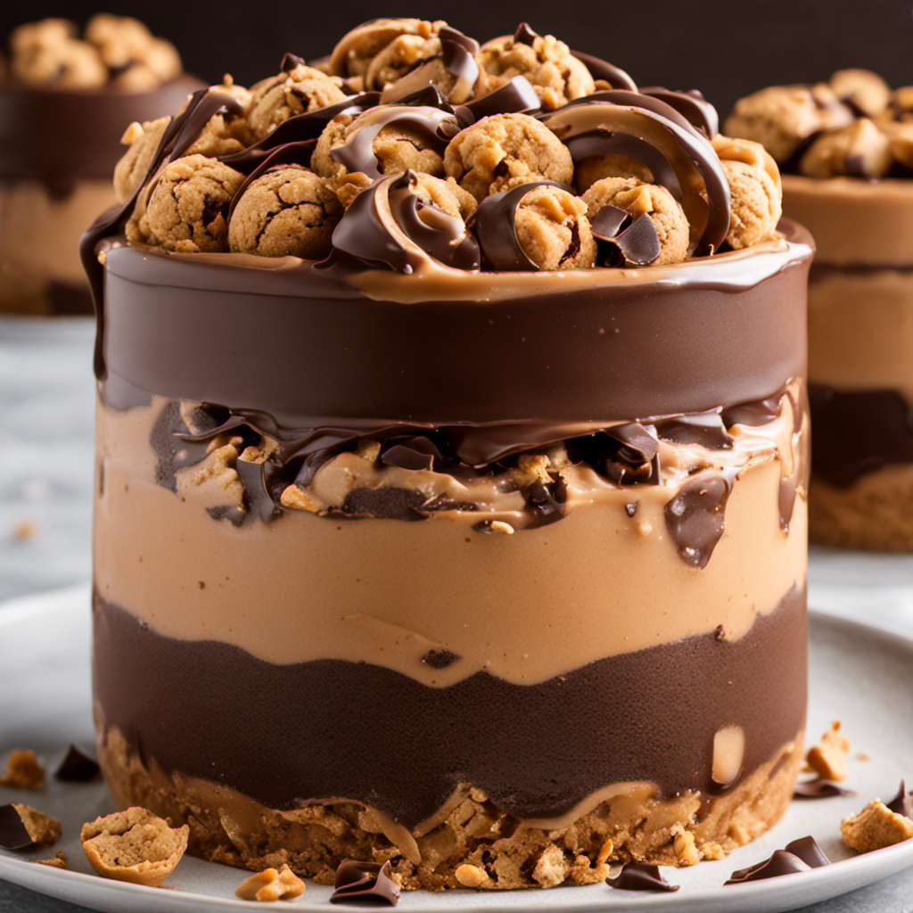  a close-up shot of a creamy, chocolate peanut butter ice cream base being gently folded with chunks of crushed cookies and ribbons of gooey caramel, creating a tantalizing swirl of mix-ins throughout